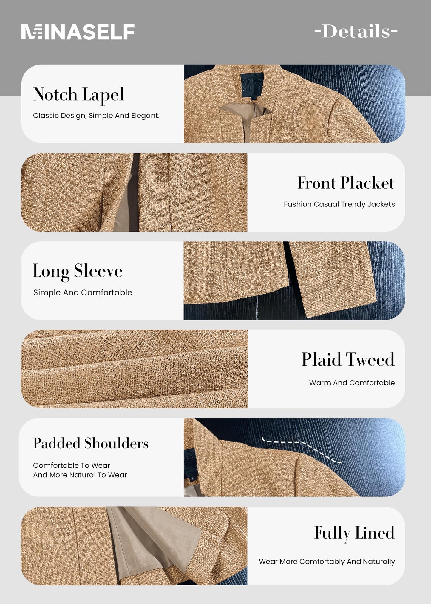 Women's Tweed Blazer Jacket - Open Front Stand Collar Professional Work Coat