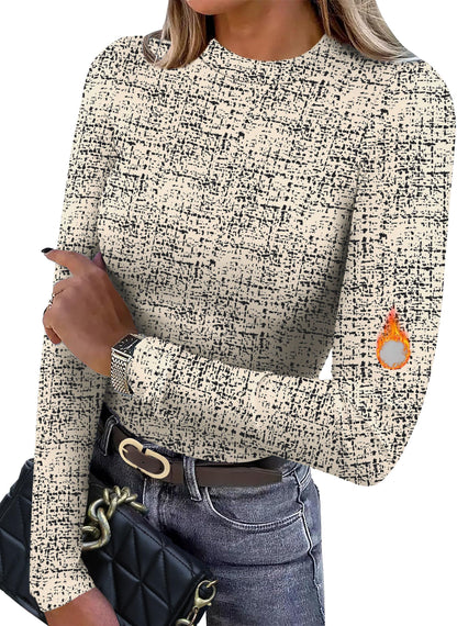 Women's Long Sleeve Thermal Shirt - Fleece Mock Neck Slim Fit Top F-beige Print