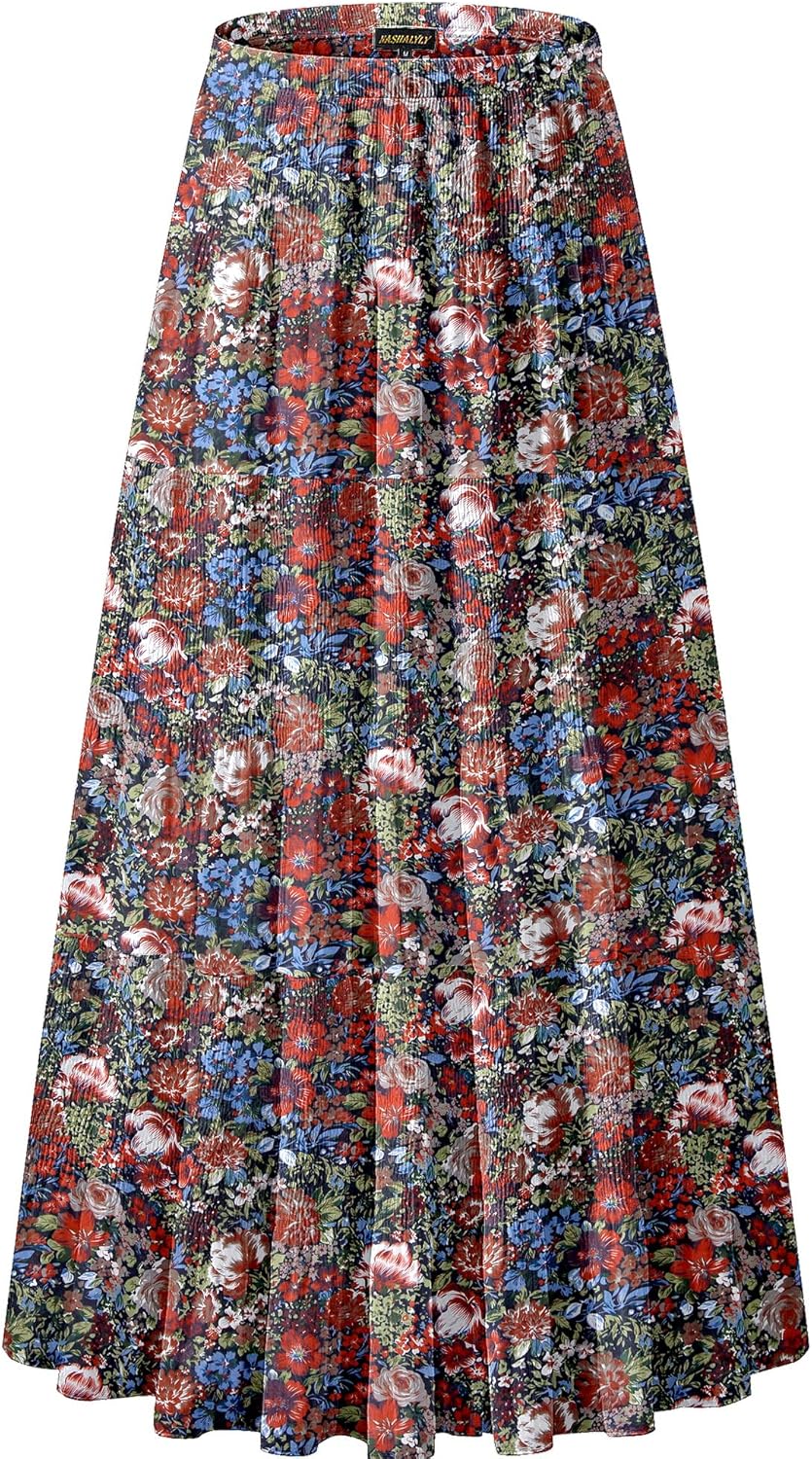 Chiffon Maxi Skirt for Women - High Waist Pleated A-Line Flared Long Skirt Medium Floral1