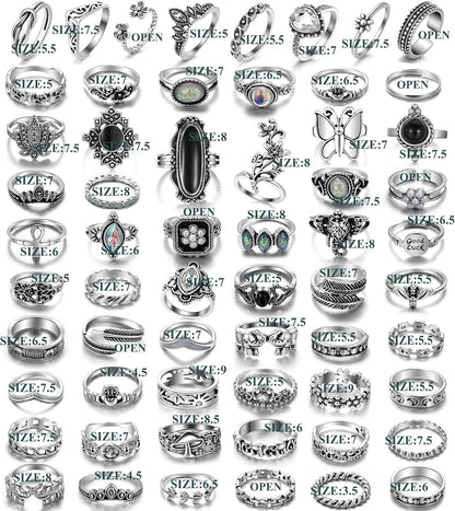 Vintage Silver Knuckle Rings Set 42 Pieces Adjustable Gothic Stackable Rings