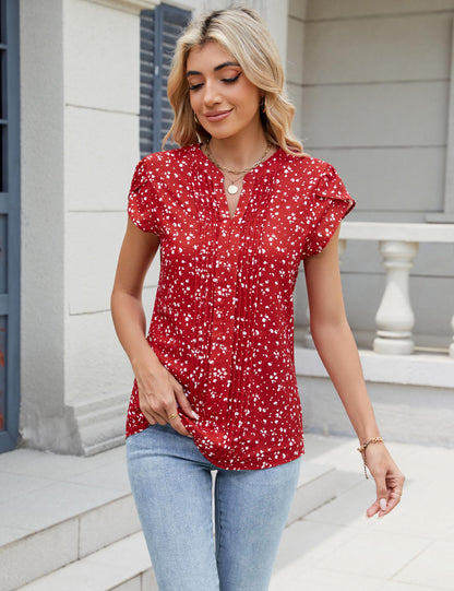 Beautiful Blouses For Ladies - Women's V-Neck Blouse with Pintuck Detail Short Petal Sleeve Business Top