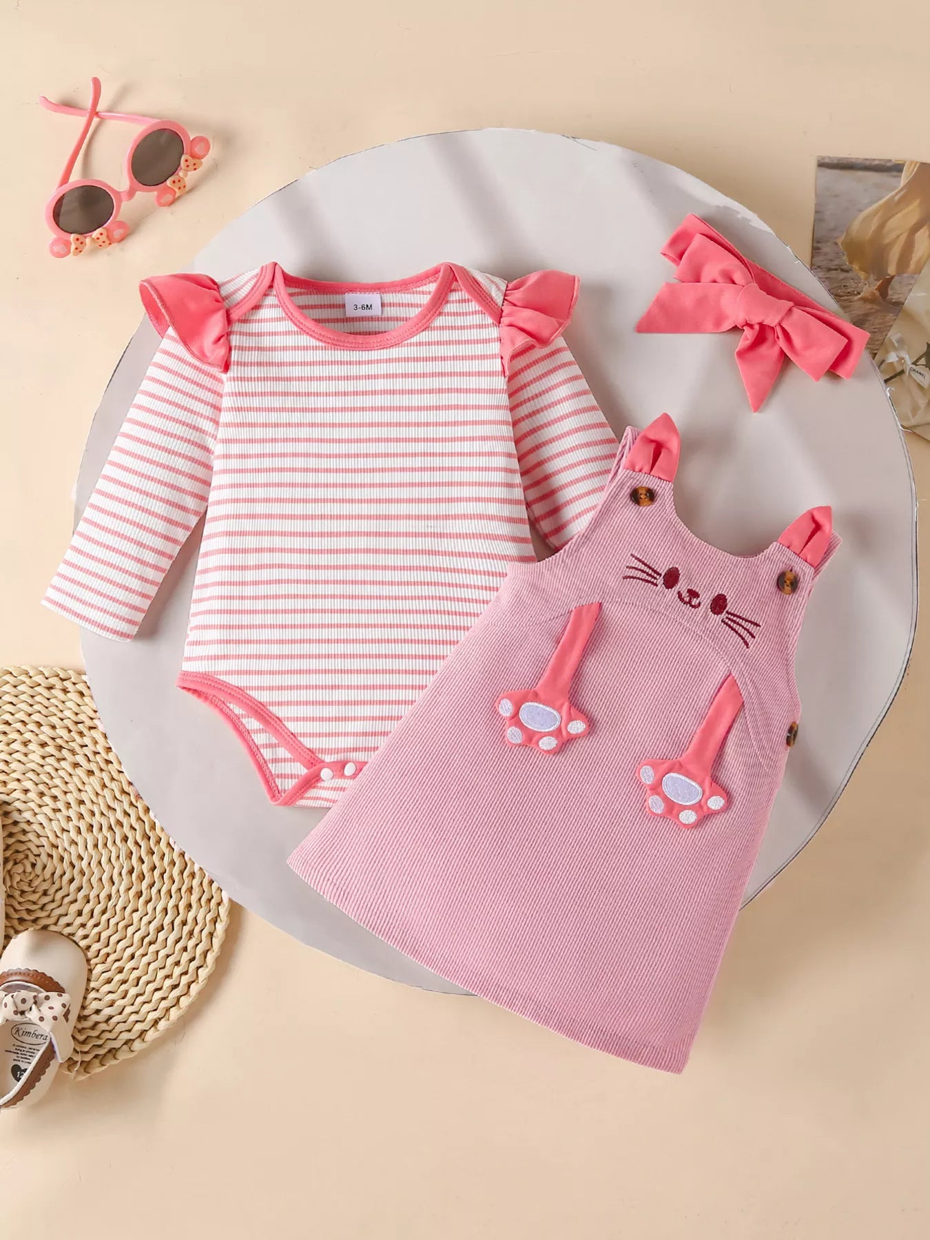 Children's Ruffled Trim Bodysuit and Dress Set with Headband Pink