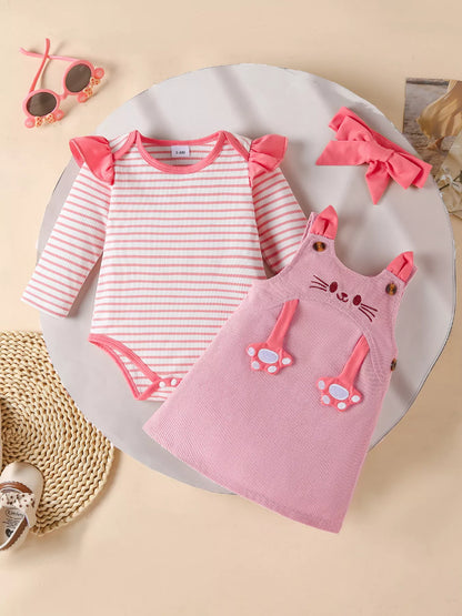 Children's Ruffled Trim Bodysuit and Dress Set with Headband Pink