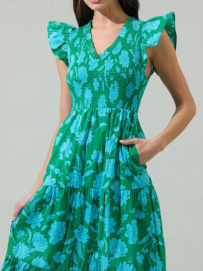 Ruffled V-Neck Tiered Midi Dress