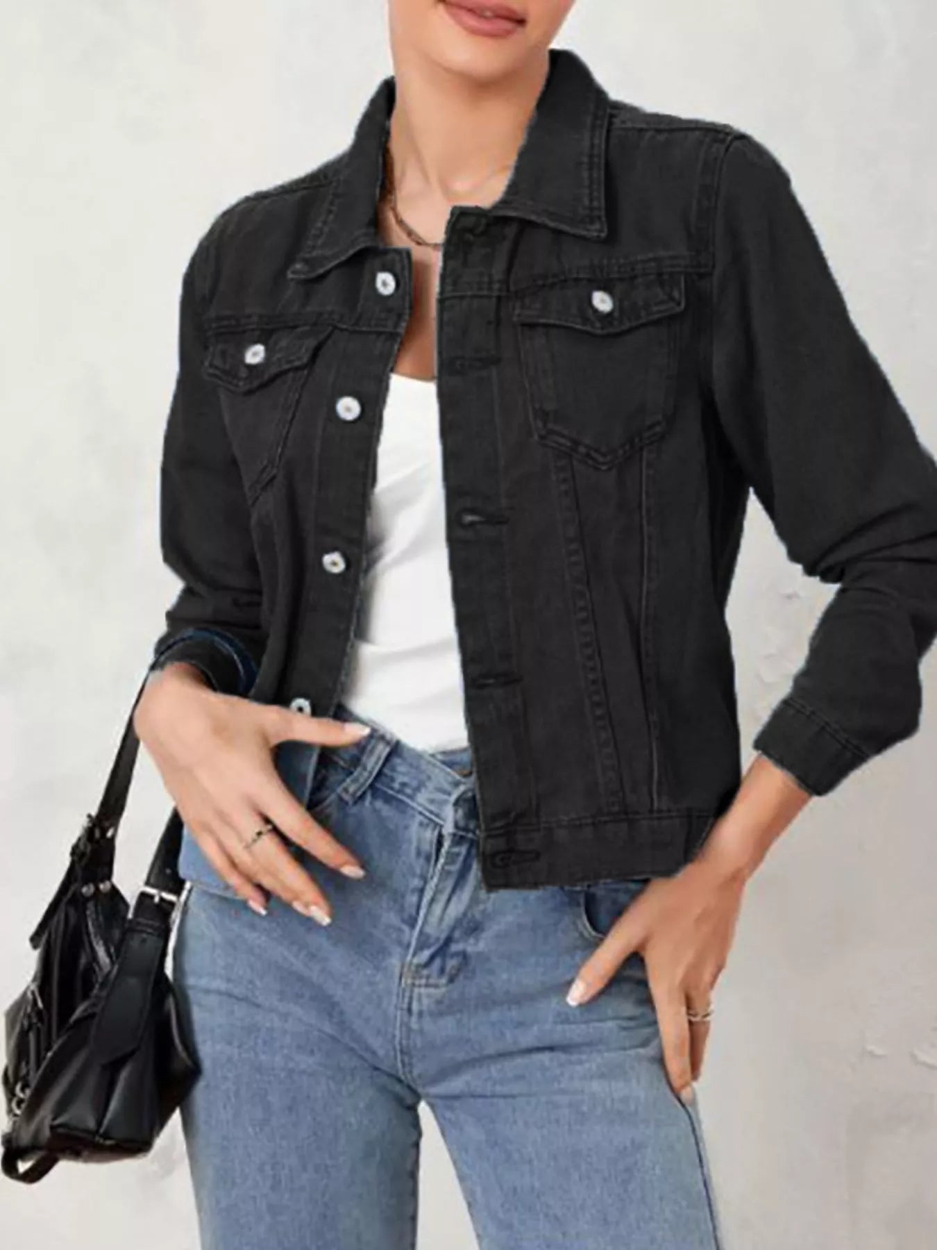 Button Up Long Sleeve Denim Jacket Black