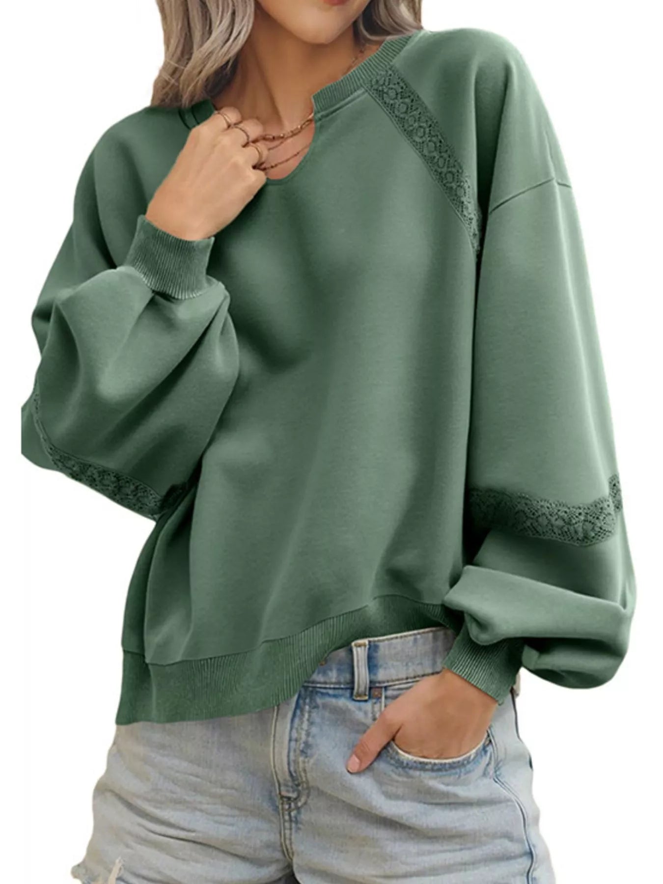 Lace Detail Notched Long Sleeve Sweatshirt Green