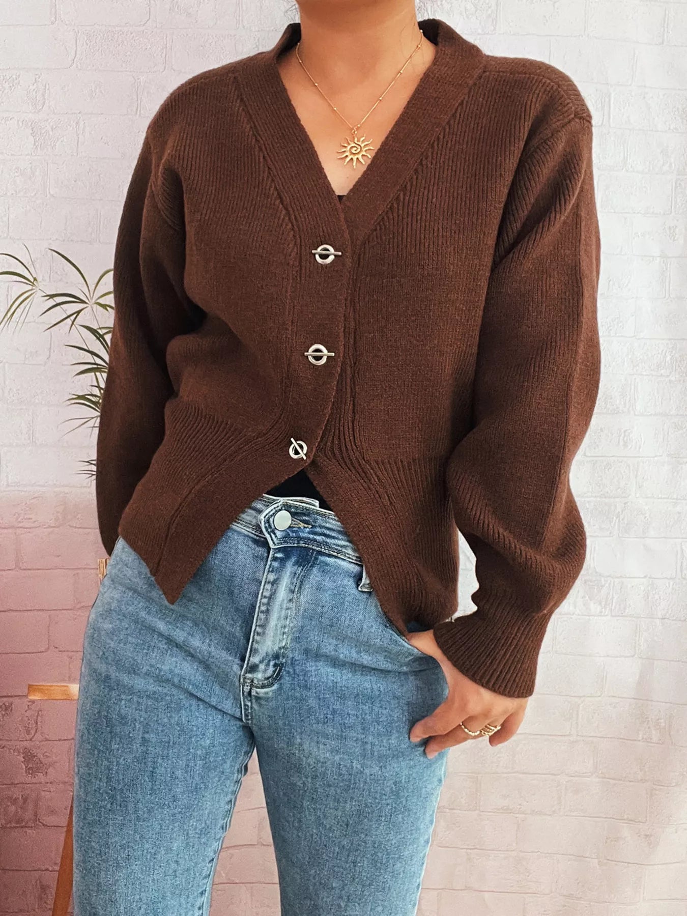 Button Up Long Sleeve Cardigan Brown One Size