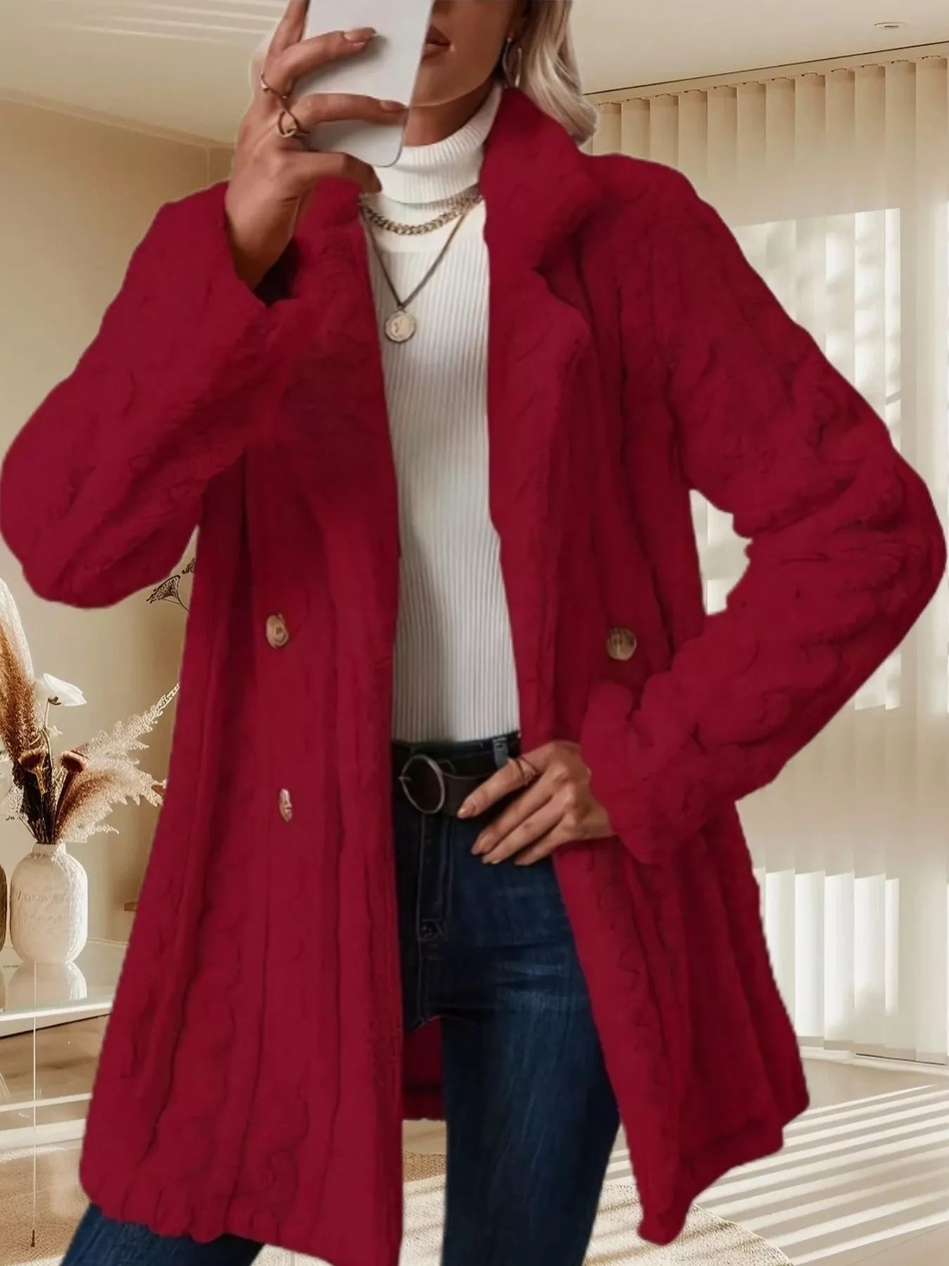 Double-Breasted Fleece Longline Coat