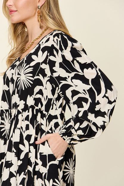 Printed Ruffle Hem Long Sleeve Rayon Dress