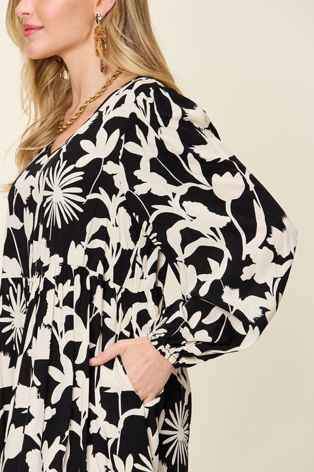 Printed Ruffle Hem Long Sleeve Rayon Dress