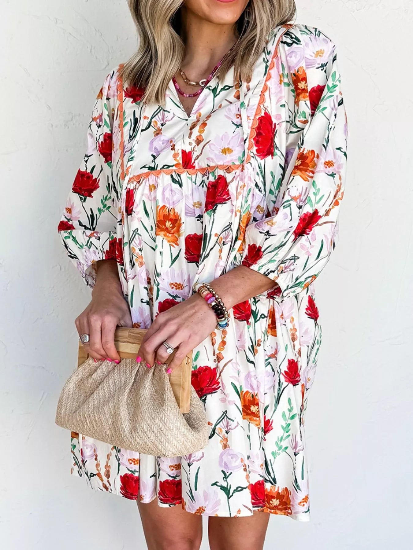 Floral Print 3/4 Sleeve Mini Dress Floral