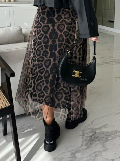 Leopard Print Tulle Midi Skirt