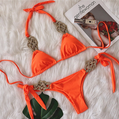 Bikini Solid Color Split Swimsuit Sexy Hand-Woven Women Swimwear Orange