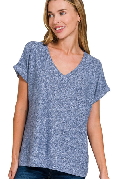 Zenana Soft Melange Hacci V-neck Tee LT NAVY