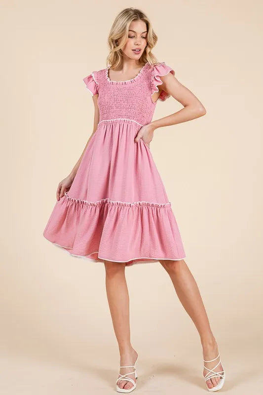 Lime 'N' Chili Ruffle Trim Smocked Dress with Contrast