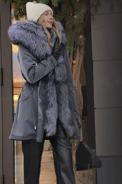 Genuine Silver Fox Fully Lined Hood Rabbit Insulated Parka Grey