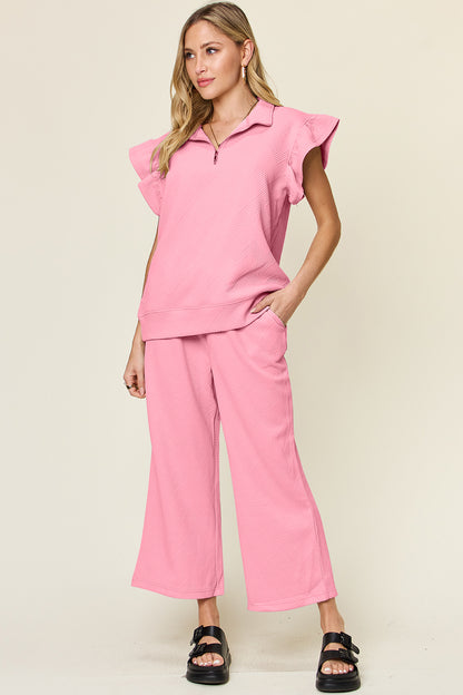 Textured Ruffle Top & Drawstring Wide Leg Pants Set Pink