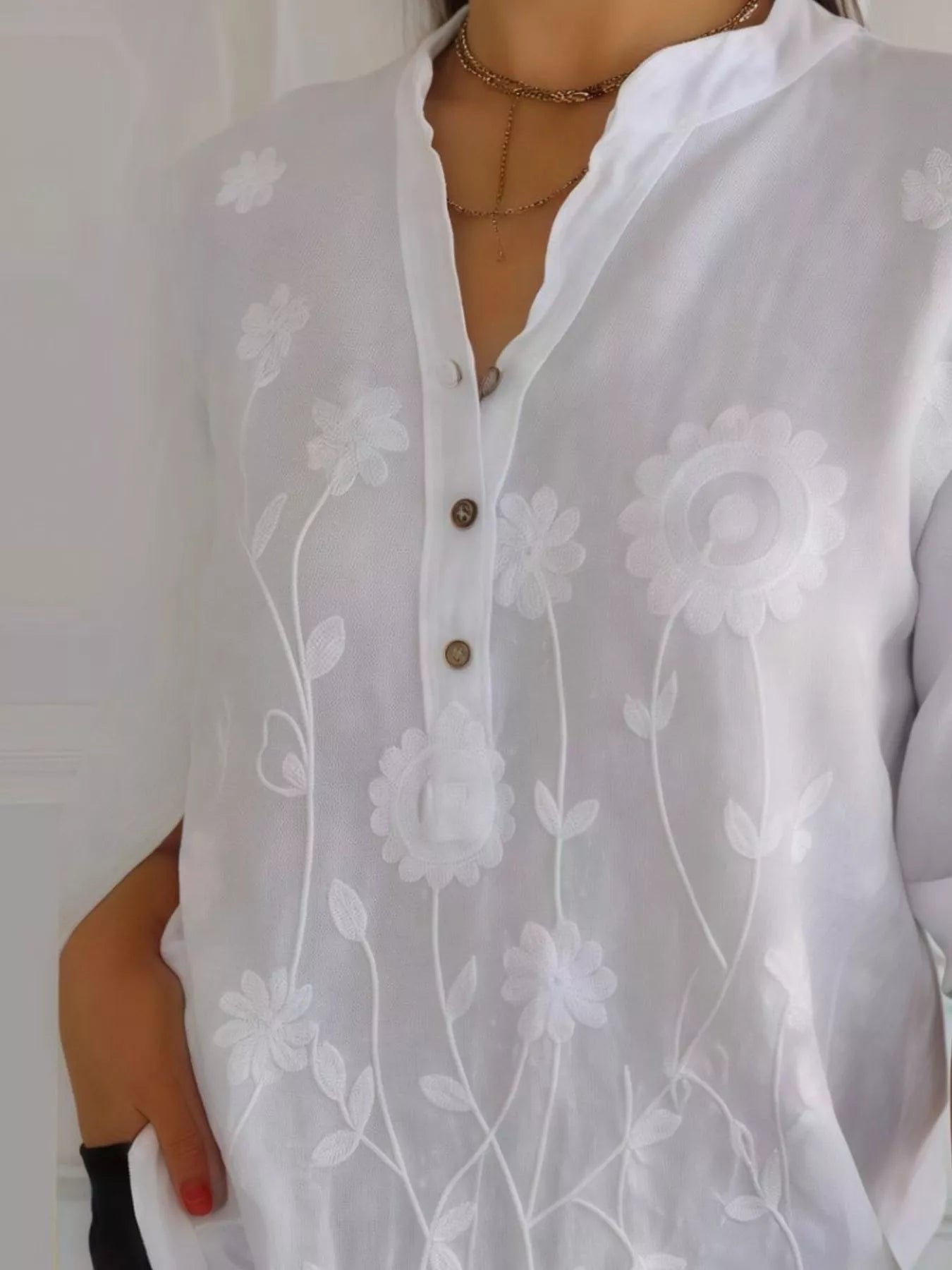 Full Size Floral Embroidered Button Detail Blouse Plus Size