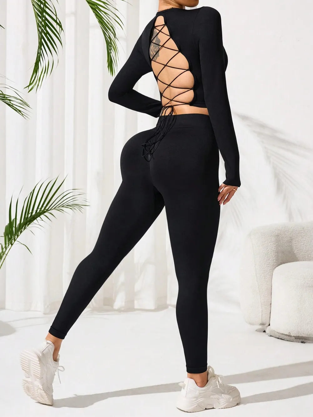Lace-Up Back Round Neck Top and Leggings Active Set