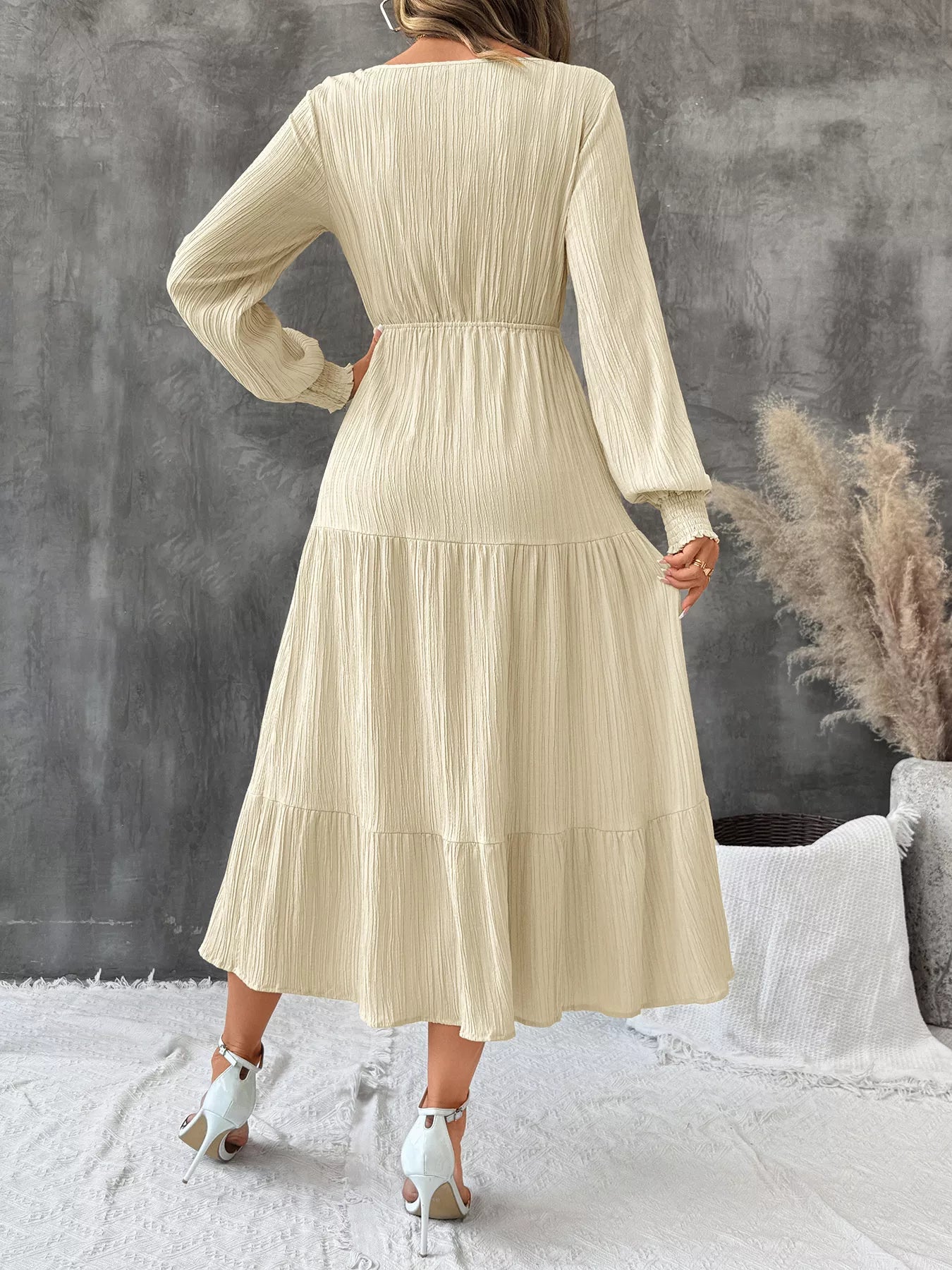 Tiered V-Neck Long Sleeve Dress