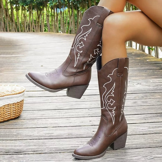 Western Embroidered Mid-Calf Boots Brown