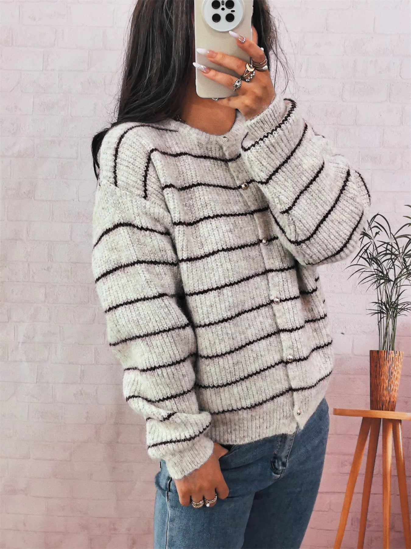Striped Button Up Long Sleeve Cardigan