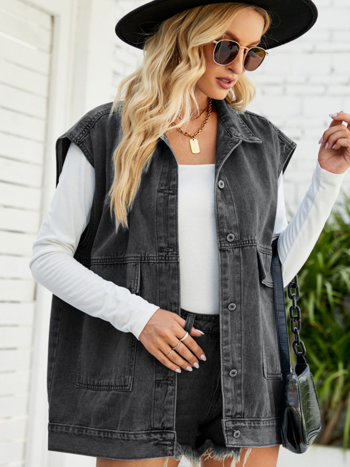 Collared Neck Sleeveless Denim Top with Pockets Dark