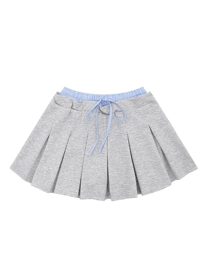 Drawstring Pleated Mini Skirt Grey