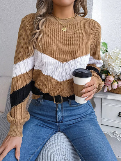 Chevron Stripe Color Block Round Neck Sweater Khaki