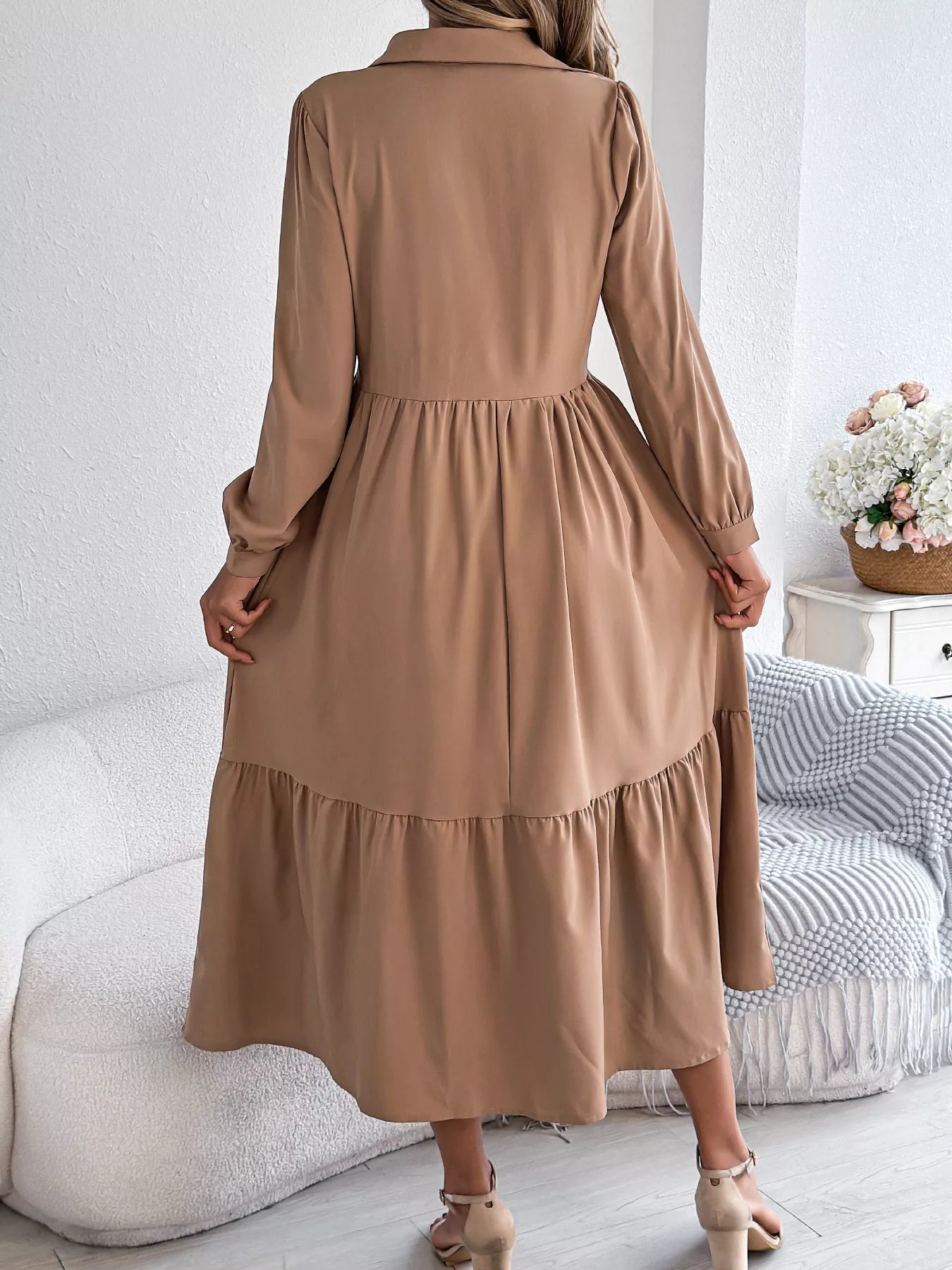Long Sleeve Tiered Button Front Midi Dress
