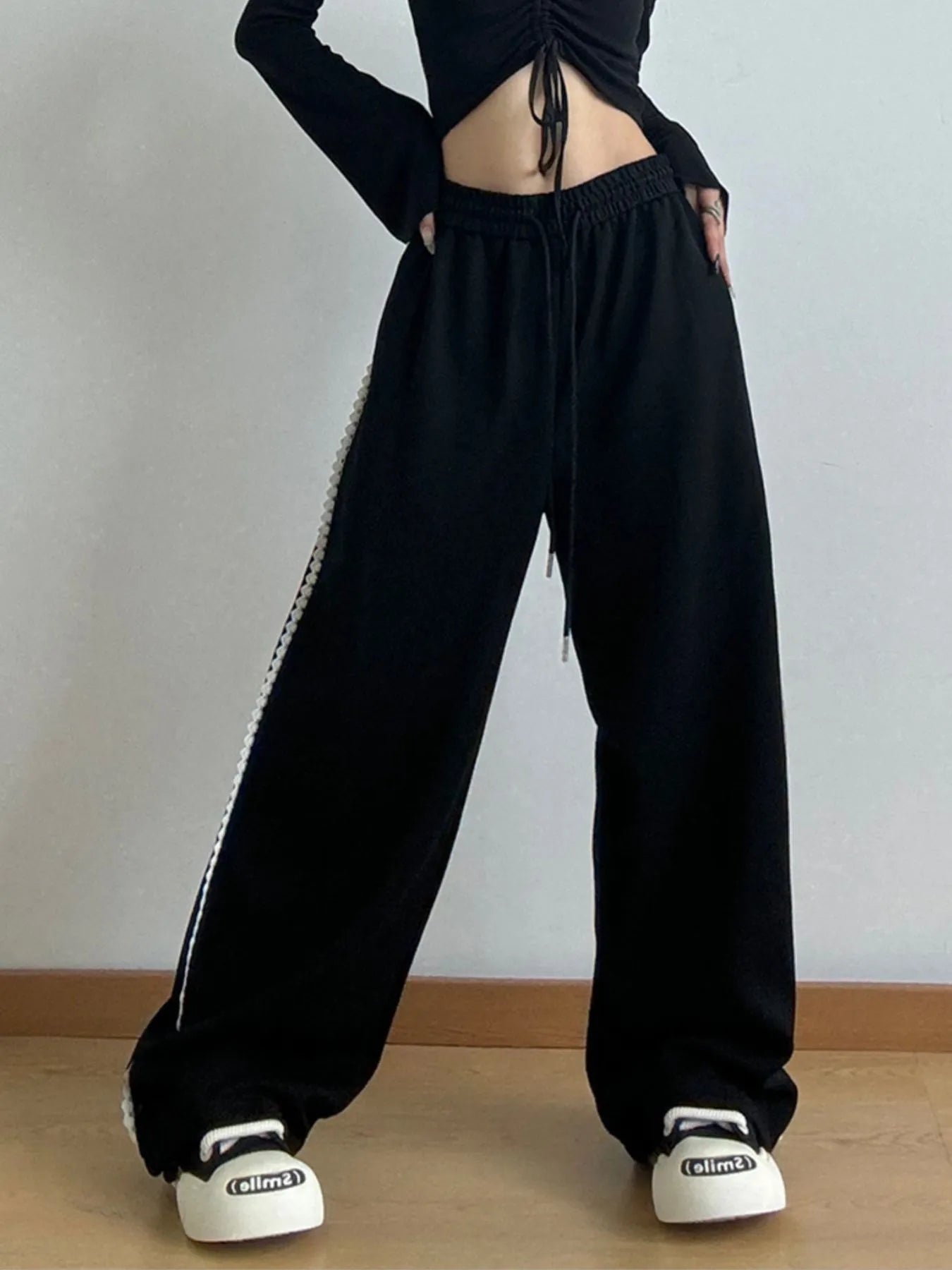 Loose Fit Wide Leg Casual Drawstring Pants Black