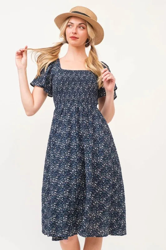Lime 'N' Chili Smocked Floral Print Flutter Sleeve Midi Dress NAVY