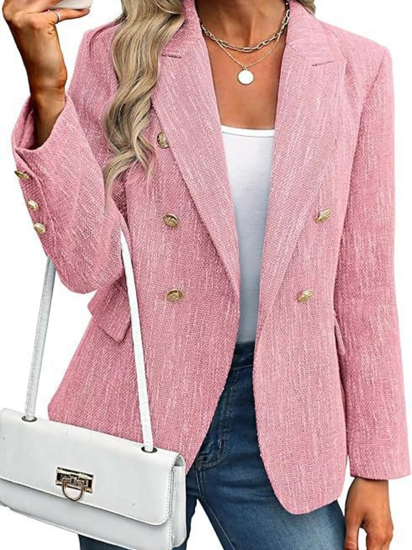 Double-Breasted Lapel Collar Blazer Pale Blush