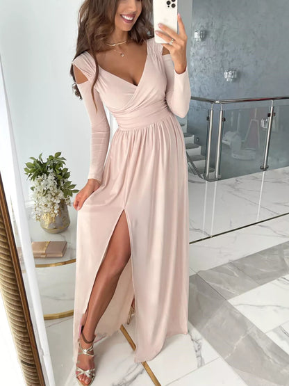 Slit Surplice Cold Shoulder Maxi Dress Light Pink