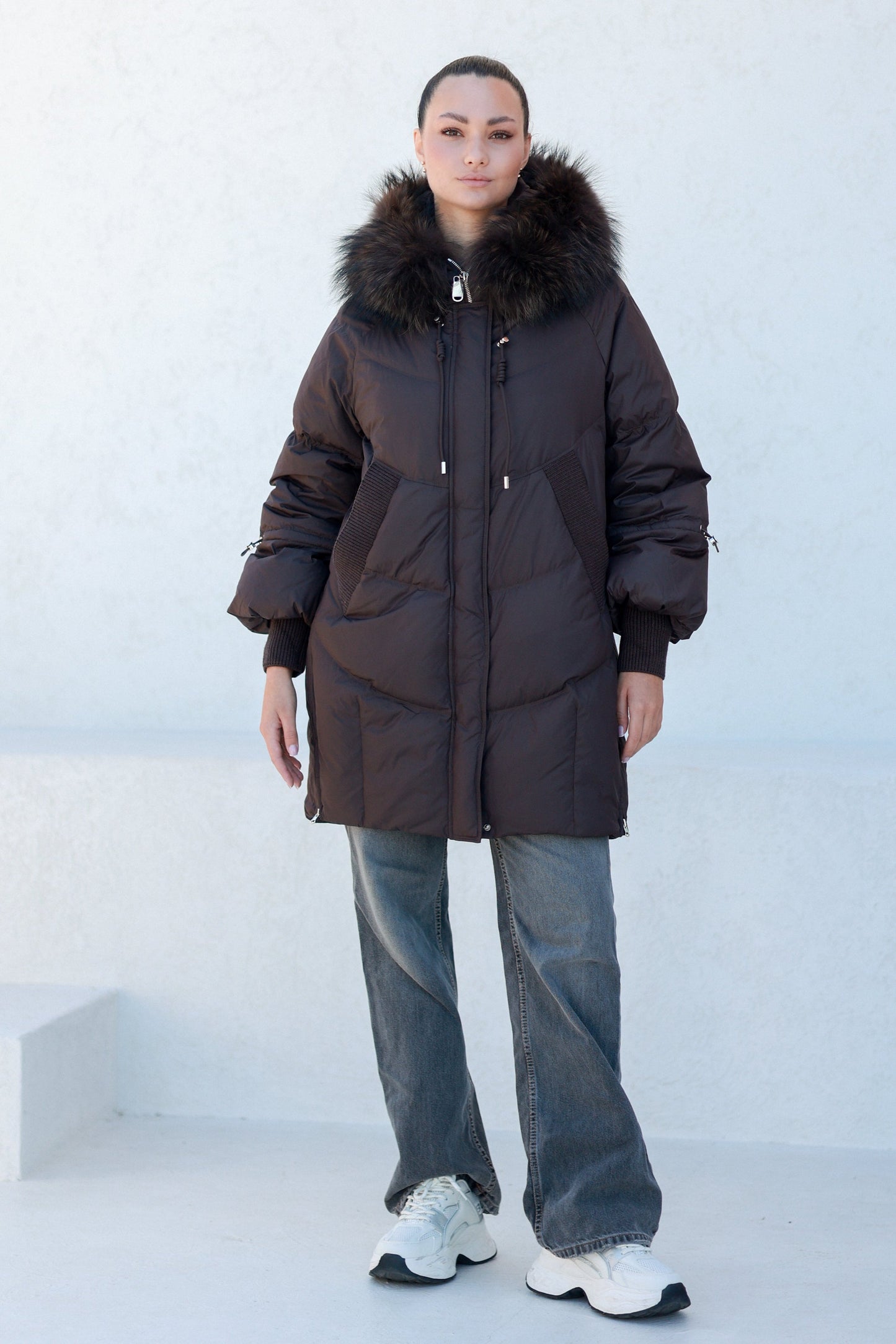 Celeste Genuine Fur Trim Down Fill Coat in Fig Fig