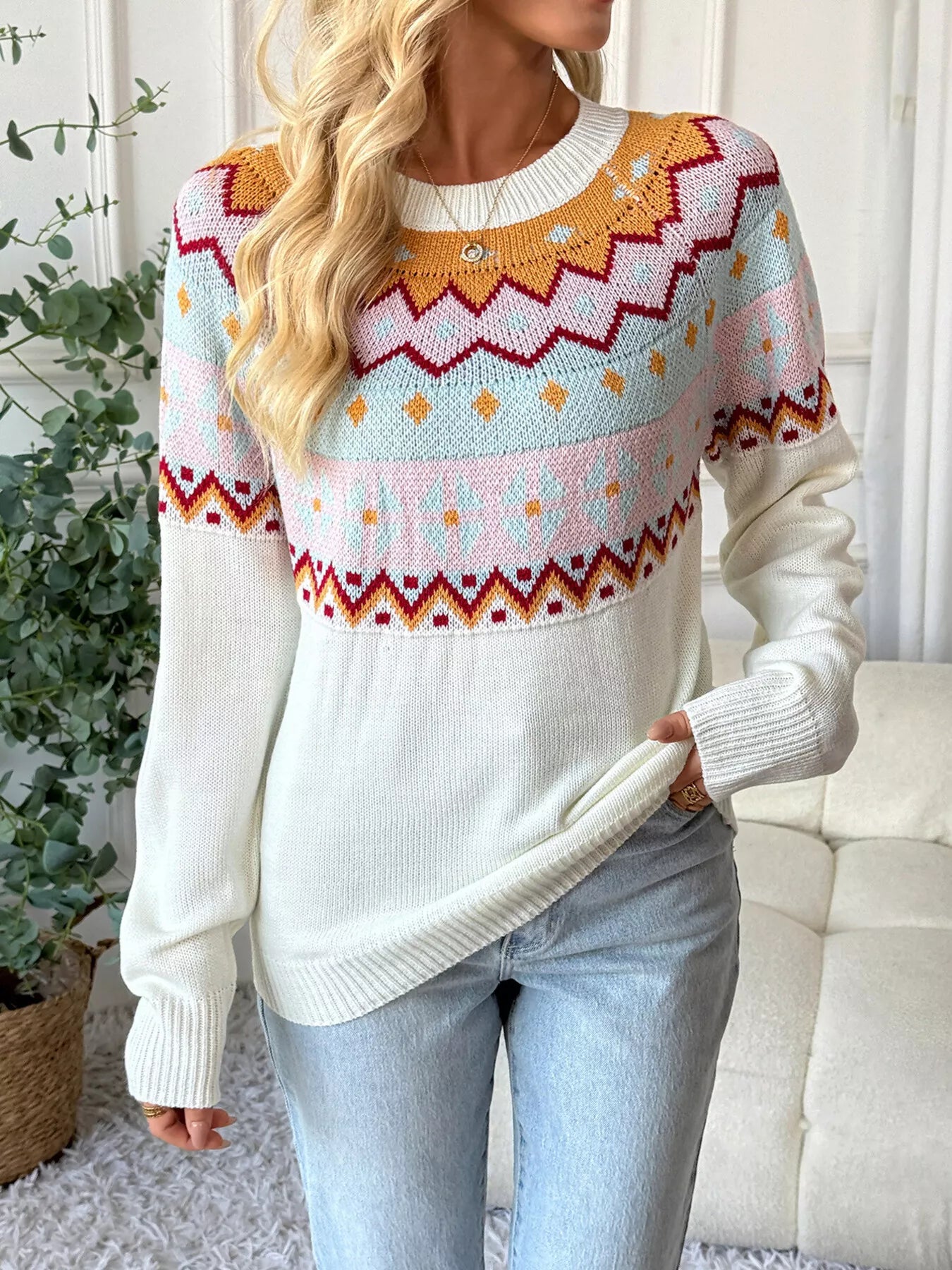 Contrast Round Neck Long Sleeve Sweater White