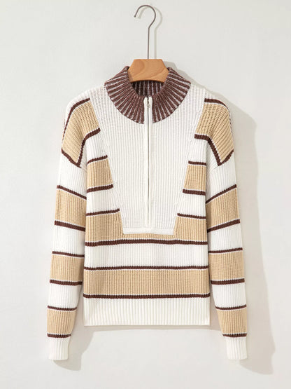 Stripe Half Zip Drop Shoulder Sweater