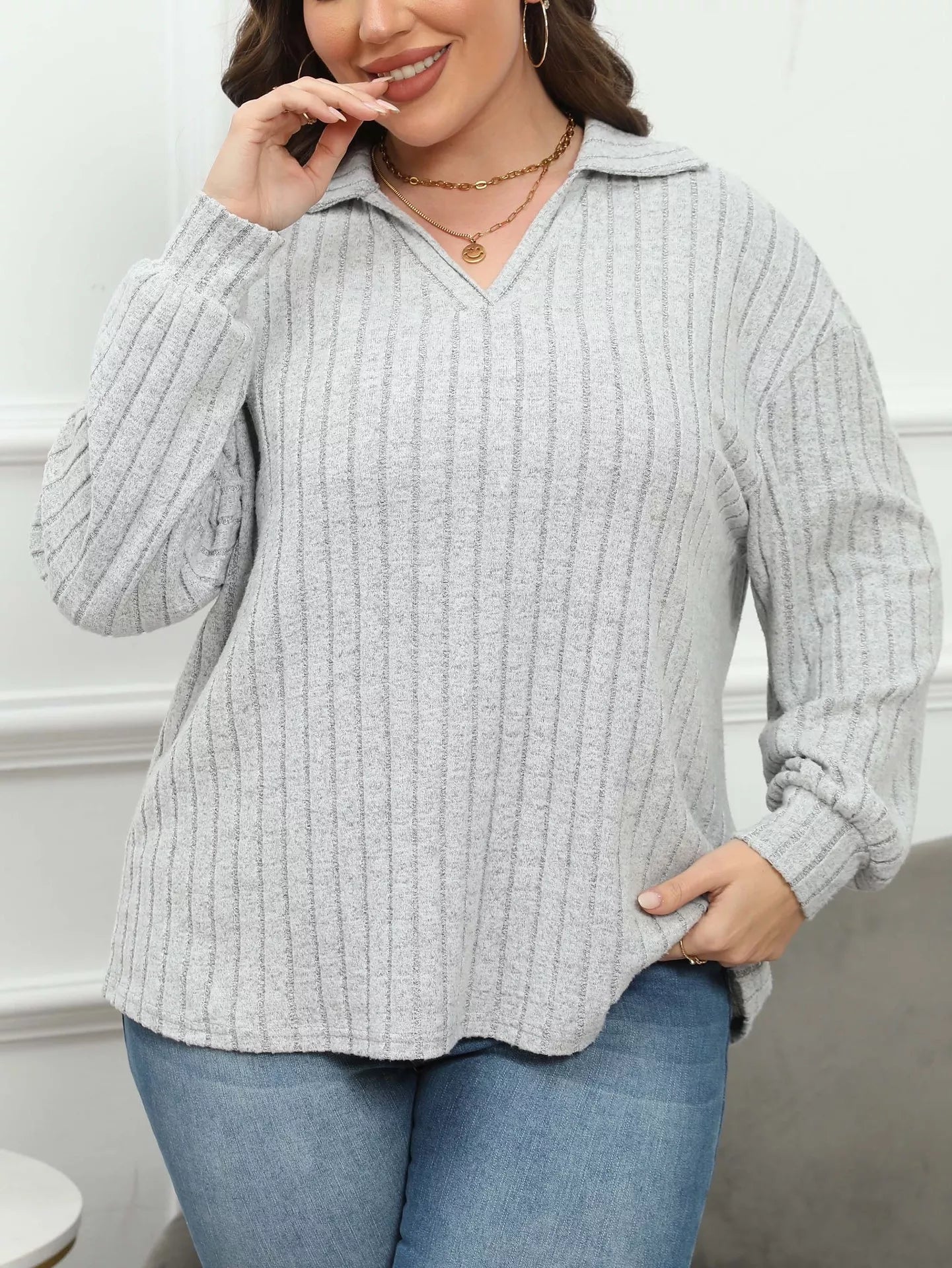 Plus Size Ribbed Knit Polo Collar T-Shirt