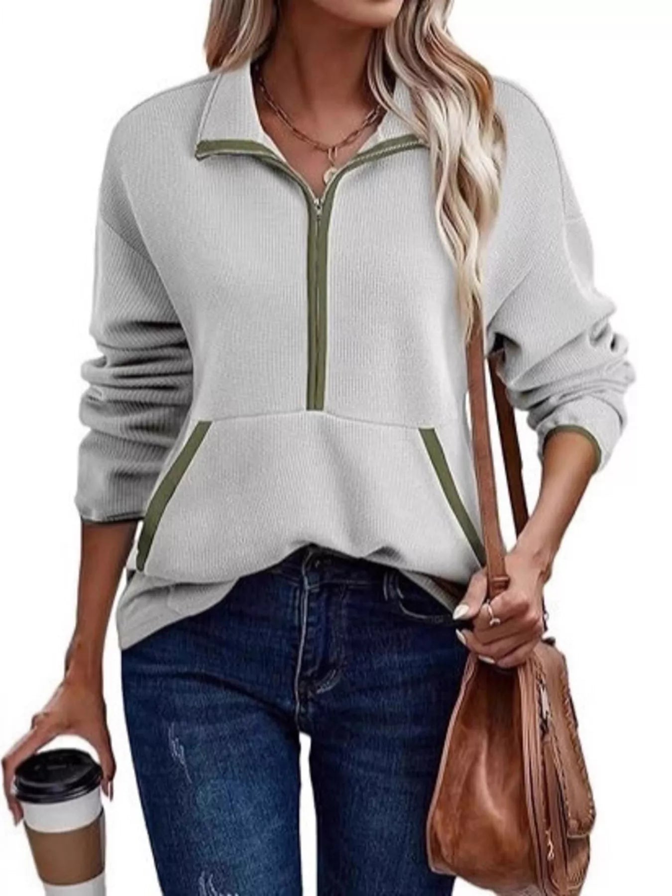 Half Zip Dropped Shoulder Sweatshirt Light Gray
