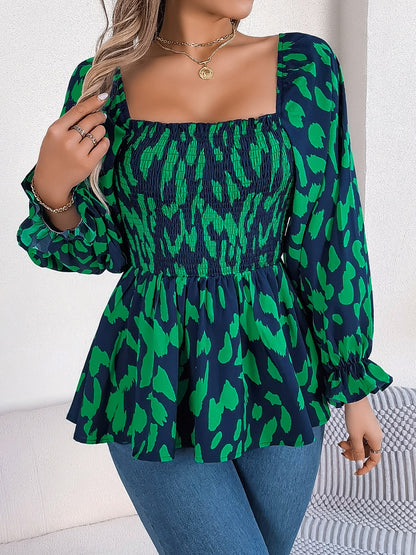 Square Neck Flounce Sleeve Blouse Dark Green