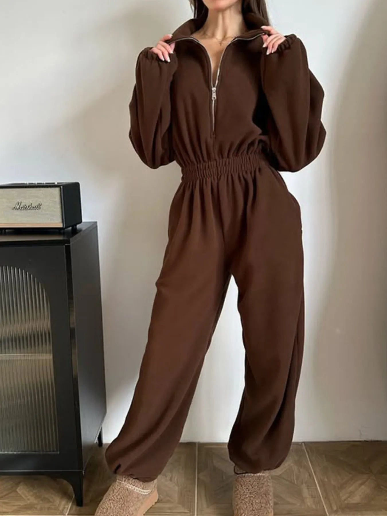 Zip Front Long Sleeve Jumpsuit Brown