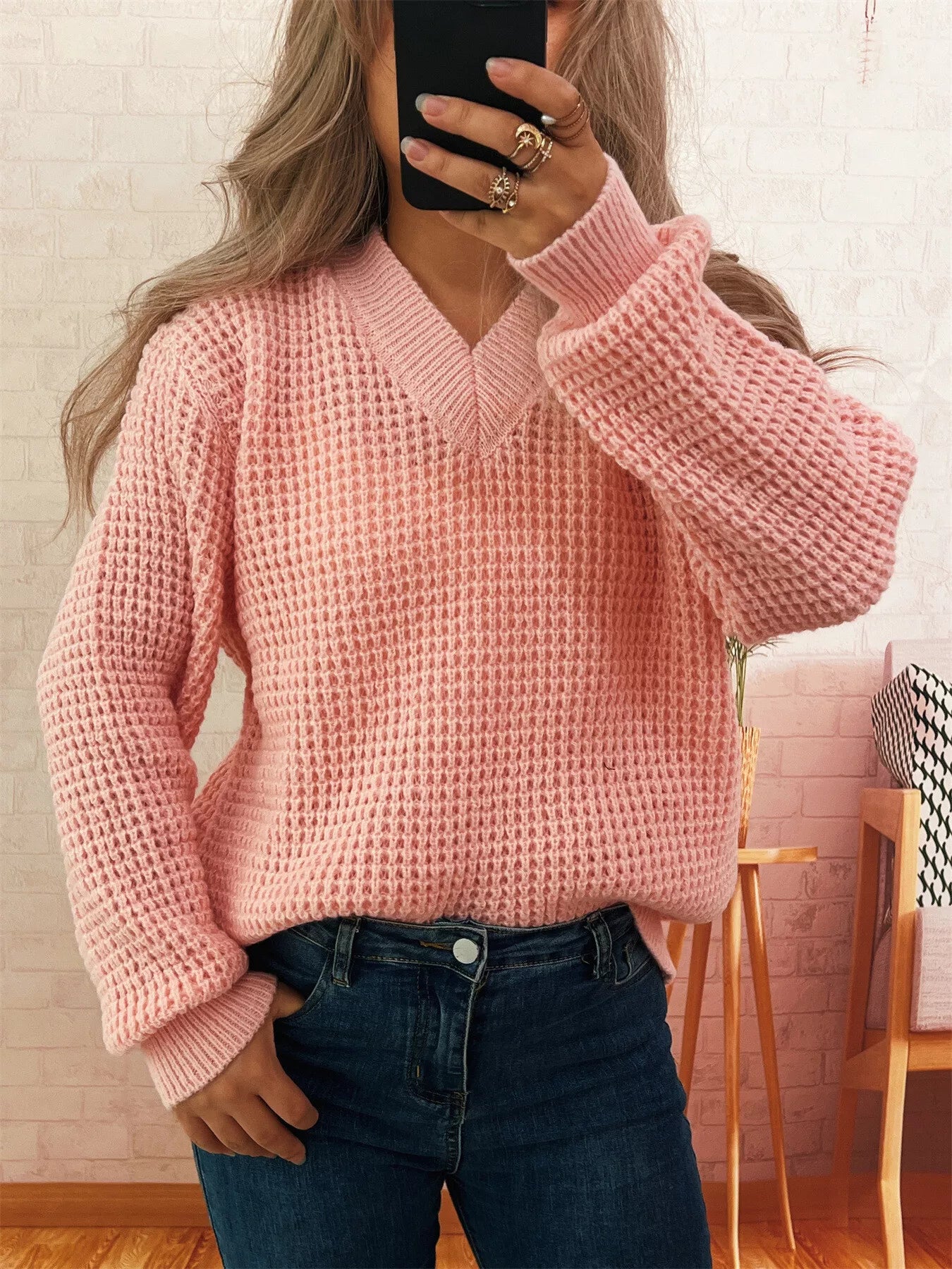 V-Neck Textured Knit Sweater Pink One Size