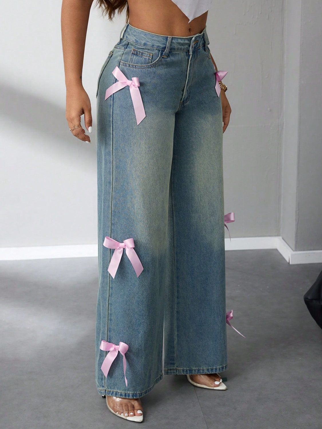 Bow High Rise Wide Leg Jeans