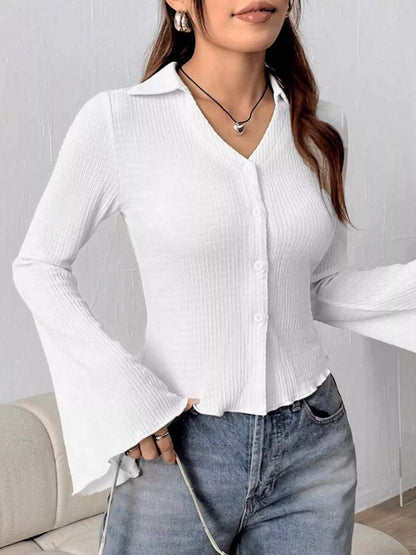 Button Up Flare Sleeve Shirt White