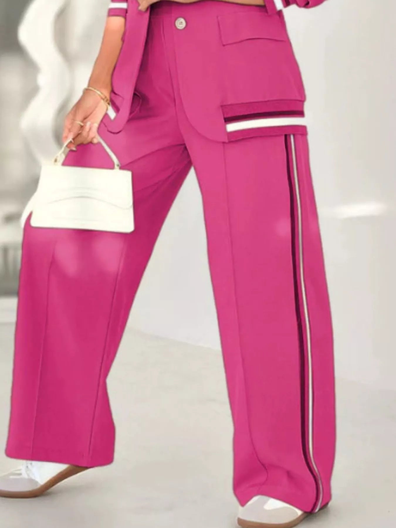 Full Size Striped Trim Button Down Jacket and Pants Set Plus Size