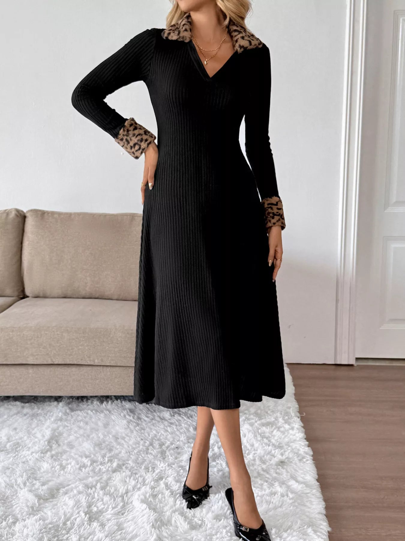 Leopard Cuff Johnny Collar Midi Dress Black