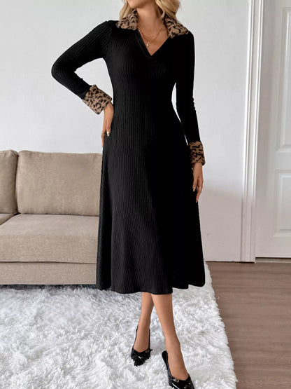 Leopard Cuff Johnny Collar Midi Dress Black