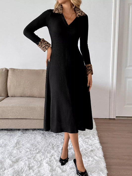 Leopard Cuff Johnny Collar Midi Dress Black