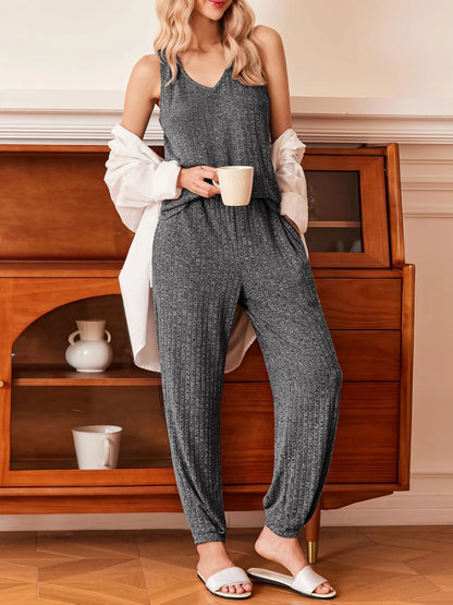 Ribbed Knit V-Neck Tank and Pants Lounge Set Dark Gray