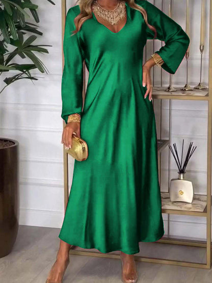 Full Size V-Neck Long Sleeve Midi Dress Plus Size Green